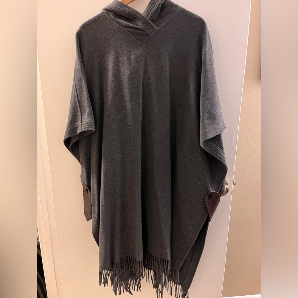 Gray Poncho with Faux Leather Side Buttoned Strap